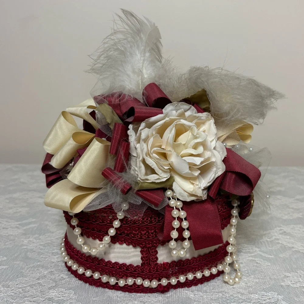 Victorian Lovers Box Handcrafted Woven Wicker Trinket Box Silk Satin Lace Pearls